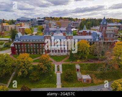 Fenwick Hall aerial view in College of the Holy Cross with fall foliage in city of Worcester, Massachusetts MA, USA. Stock Photo