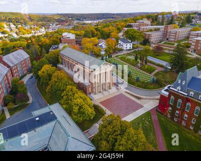 Aerial view of St. Joseph's Chapel in College of the Holy Cross with fall foliage in city of Worcester, Massachusetts MA, USA. Stock Photo