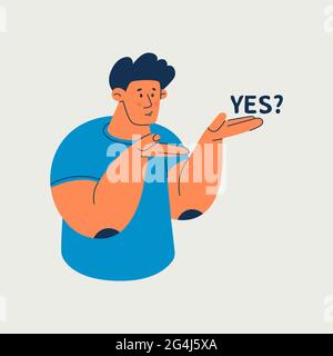 Young man shows with his hands in front of him, hold hand demonstrate offer. Cute guy demonstrates something, ask, yes. Vector isolated illustration. Stock Vector