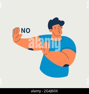 Young man, cute guy with his hands shows rejection or stop. Moving away hands showing refusal and denial with afraid and disgusting expression. Vector Stock Vector