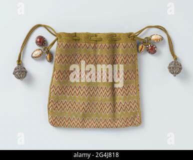 . Pouch, embroidered with zigzag pattern (point d'hongrie) in green, white and red-brown silk with drawstring with silver pomers, silver-watted shells and 'bezoar' ('stone' from the stomach and the intestinal tract of ruminants). Model: flat and square. A braided silk cord on the seams. Decoration: Ajour carved silver cracking balls or pomers, shells caught in a silver border with ring, just like Bezoar. Stock Photo