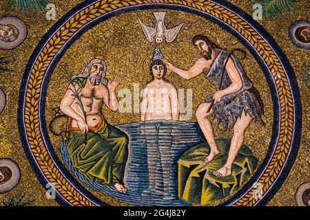 Mosaics in the Arian Baptistery depicting the Baptism of Jesus by Saint John the Baptist in Ravenna Italy Stock Photo