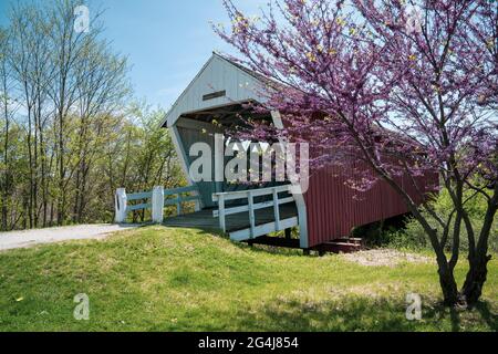 St. Charles, Iowa - May 4, 2021: The Imes Covered bridge, gateway to the covered bridges of Madison County Stock Photo