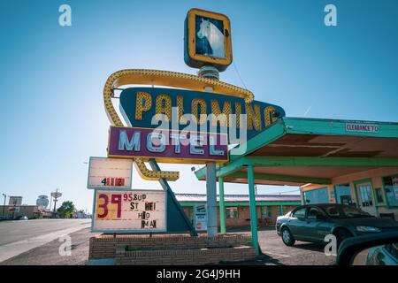 Tucamcari, New Mexico - May 6, 2021: The old Palomino Motel with the classic neon sign, along Route 66 Stock Photo