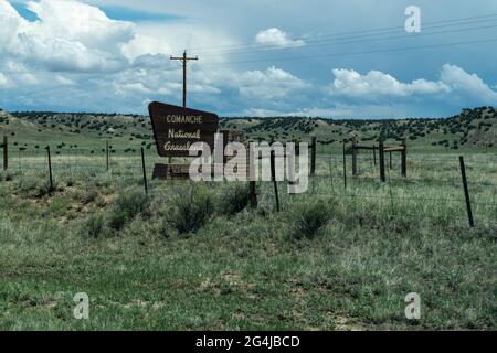 Colorado, USA - May 18, 2021: Sign for the Comanche National Grassland in rural Colorado Stock Photo