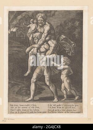 Aeneas and his family flights from Troy. Aeneas runs with his father Anchises on the back. In his right hand, Anchises carries the house gods (penates). His son Ascanius runs behind Aeneas. In the background the burning troy. Italian text in two columns in undermarge. Stock Photo