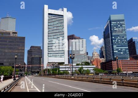 View of Downtown Boston from Summer Street Bridge, Boston, MA. Buildings in the background include the Federal Reserve Bank of Boston Stock Photo