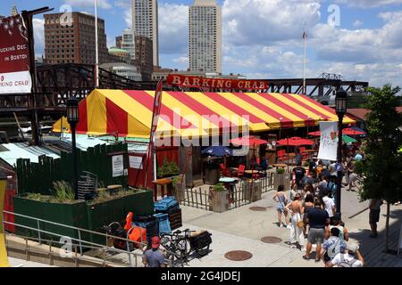 Barking Crab, 88 Sleeper St, Boston, MA. exterior of an open air seafood restaurant in the Seaport District. Stock Photo