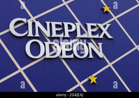 Ottawa, Ontario, Canada - June 11, 2021: A Cineplex Odeon brand mark on the wall of a movie theatre in Barrhaven. Stock Photo