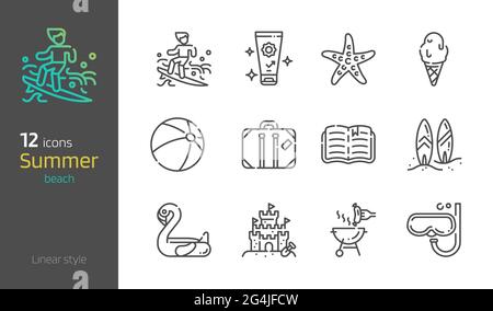 Summer beach thin linear icon set vector illustration. Stock Vector