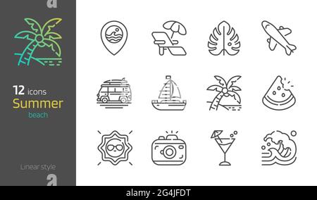 Summer beach thin linear icon set vector illustration. Stock Vector