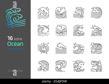 Ocean water wave icon. Sea linear style vector set illustration square position Stock Vector