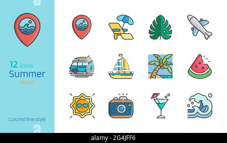 Summer beach colored line detailed icon set vector illustration. Stock Vector