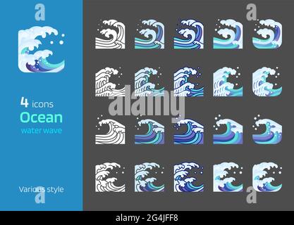 Sea and ocean wave icon various style vector illustration. Colored line,silhouette,flat design,detailed glossy. Square composition. Stock Vector