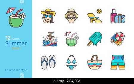 Summer beach colored line detailed icon set vector illustration. Stock Vector