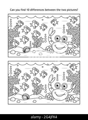 Find ten differences underwater visual puzzle and coloring page, sea life, black and white, suitable both for kids and adults Stock Vector