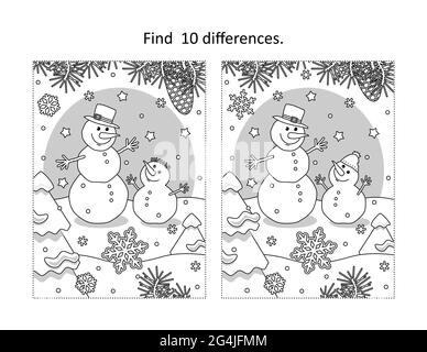 Find 10 differences visual puzzle and coloring page with two snowmen friends Stock Photo