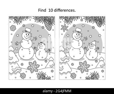 Find 10 differences visual puzzle and coloring page with three ...