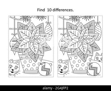 Find 10 differences visual puzzle and coloring page with poinsettia flower in the dotted pot Stock Photo