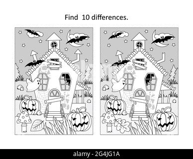 Find 10 differences visual puzzle and coloring page with Halloween haunted house Stock Photo