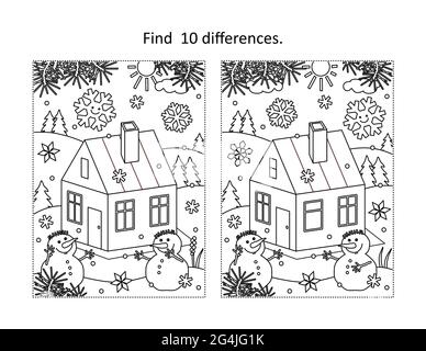 Find 10 differences visual puzzle and coloring page with three ...