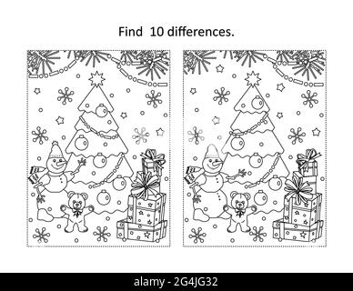 Winter holidays, New Year or Christmas find the ten differences picture puzzle and coloring page with christmas tree, tedyy bear, snowman, gift boxes Stock Vector