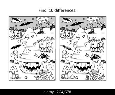 Halloween find 10 differences visual puzzle and coloring page with little witch chasing her hat, pumpkins, bats, spider Stock Photo