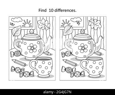Find 10 differences visual puzzle  and coloring page with cup, teapot, candy Stock Photo