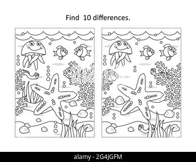 Find ten differences activity page with underwater life scene and starfish Stock Photo