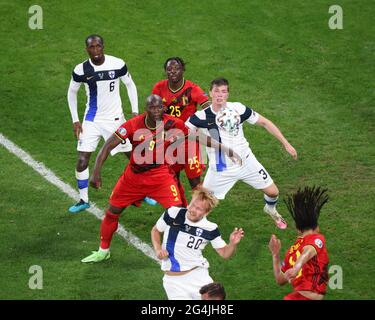 Saint Petersburg, Russia. 21st June, 2021. Romelu Lukaku (9), Jeremy Doku(25) of Belgium and Daniel O'Shaughnessy of Finland are seen in action during the European championship EURO 2020 between Belgium and Finland at Gazprom Arena. (Final Score; Finland 0:2 Belgium). (Photo by Maksim Konstantinov/SOPA Images/Sipa USA) Credit: Sipa USA/Alamy Live News Stock Photo