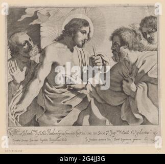 Unbelief from Tomas. The apostle Tomas groped with his finger the wound of Christ. Other apostles are around it and look surprised. Assignment in the undermarge. Stock Photo