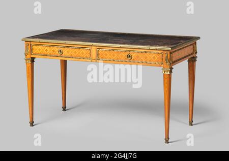 Writing table with two drawers and with leather leaf with gold stamps. Buyer ornaments. Paws with bells in Marqueteria. Completely glued with different types of wood .. writing table glued with satin wood on an oak core. The conical, cross-sectional paws, show clocks in marquetery; At the top with an outstanding crown with copper triangles, placed under an excellent edge. The two drawers of the rule are deposited with a copper edge of wound bars and decorated with a diamond pattern with four-leaf rosettes. Round tractors. A drapery, achieved by a ring on the corners. Leaf with copper edge and Stock Photo