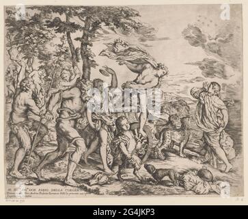Bacchus meets Ariadne on Naxos. Bacchus, together with his consequence consisting of Saters, Bacchants and Panthers, finds Ariadne on the island of Naxos. At the bottom left of an assignment in Italian. Stock Photo
