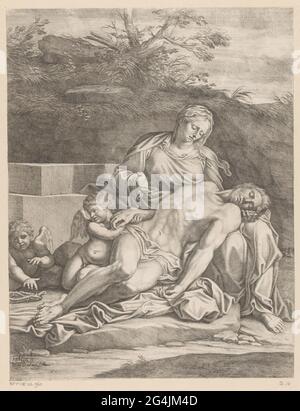 Paid Christ by two angels. In the tomb, the dead body of Christ is on ...