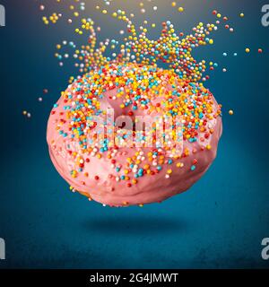 Flying pink donut decorated with colorful sprinkles on blue background Stock Photo