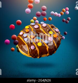 Flying delicious donut with firecracker on blue background Stock Photo
