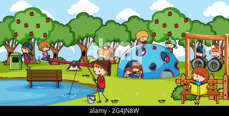 Outdoor scene with many kids playing in the park illustration Stock ...
