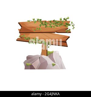 Empty wooden planks hanging on ropes with ivy branches. Banner for game. Stock Vector