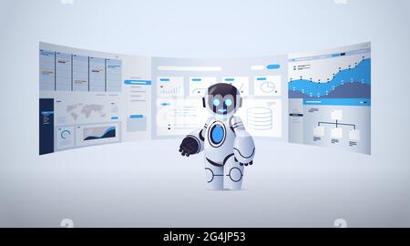 cute robot analyzing statistics financial data on virtual boards artificial intelligence technology concept Stock Vector
