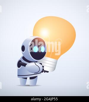 cute robot cyborg holding light lamp new project creative idea artificial intelligence technology Stock Vector