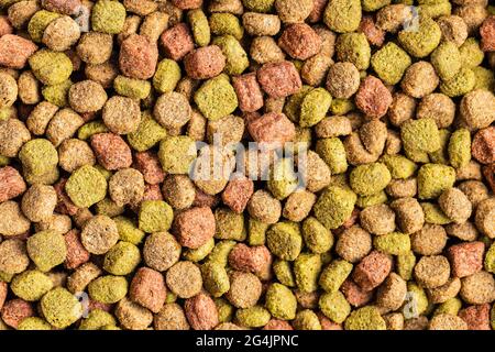 Dry kibble animal food. Dried food for cats or dogs. Top view. Stock Photo