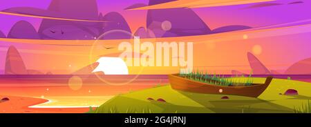 Sunset beach and old wooden boat with growing grass inside. Ocean landscape, purple clouds in sky with shining sun above sea water, scenery evening shore, nature background Cartoon vector illustration Stock Vector