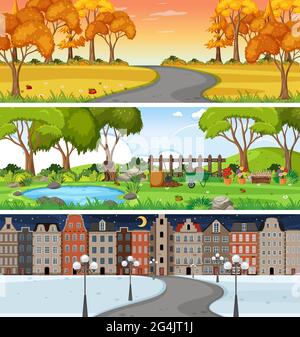 Set of different nature horizontal scenes illustration Stock Vector