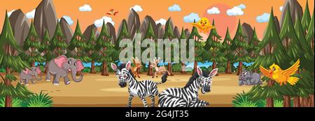 Panorama landscape with various wild animals in the forest illustration ...