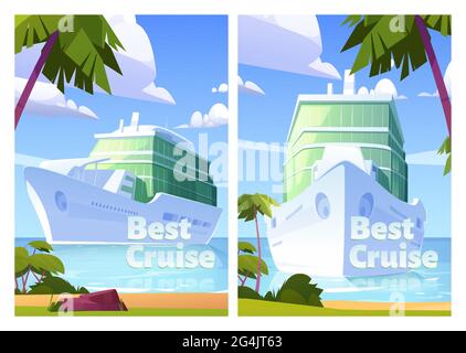 Best cruise posters with passenger ship in ocean. Vector flyers of luxury summer vacation with cartoon illustration of sea landscape with sand beach, palm trees and cruise liner Stock Vector