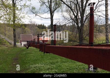 PERSHYTTAN, SWEDEN ON MAY 18, 2021. Outdoor view of the old smeltery, Iron foundry. Transmission equipment. Editorial use. Stock Photo