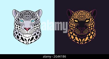 White and black jaguar head with blue and golden eyes, isolated jaguar face. Panther, predatory wildcat. Jaguar silhouette, logo, mascot. Vector illus Stock Vector