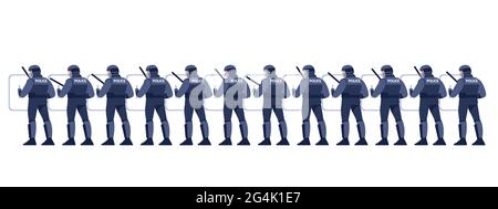 Police in Riot Gear Holding the Line. Group riot police with protective gear and shields. Cartoon characters Flat style vector illustration isolated Stock Vector