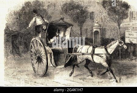 transport, coaches, hackney carriage, Hansom safety cab, wood engraving, England, 1863, ARTIST'S COPYRIGHT HAS NOT TO BE CLEARED Stock Photo