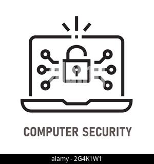 Computer security outline icon on white background. Editable stroke. Vector illustration. Stock Vector